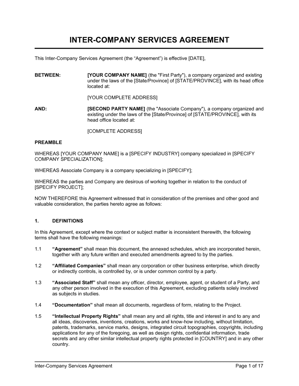 Simple Intercompany Service Agreement Template