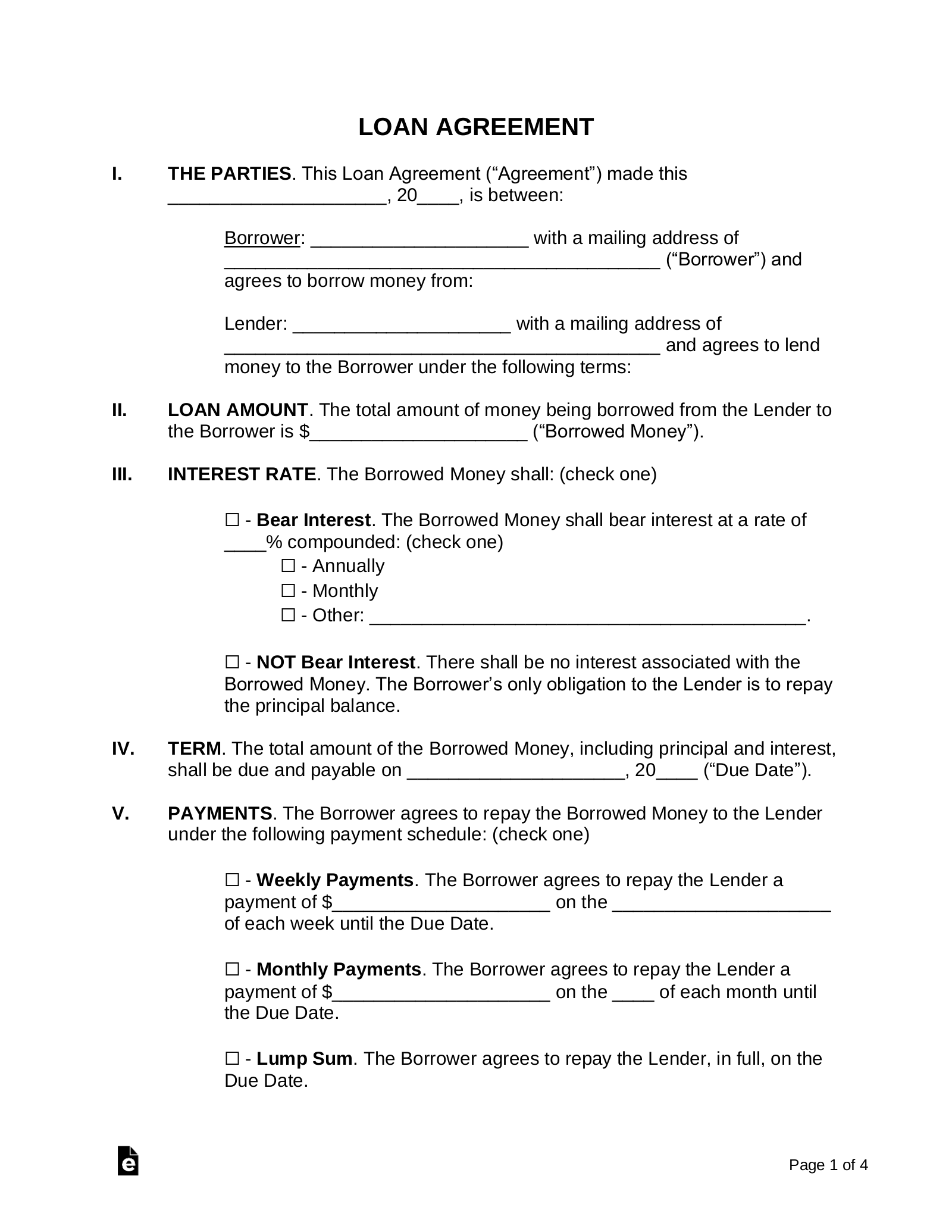 Simple Money Loan Agreement Template