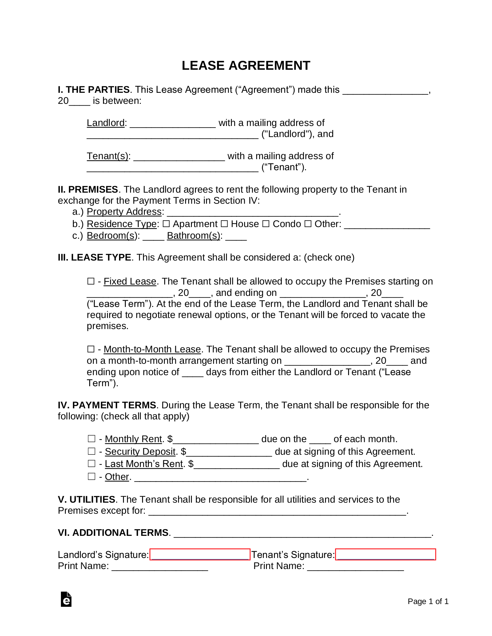Simple One Page Lease Agreement Template