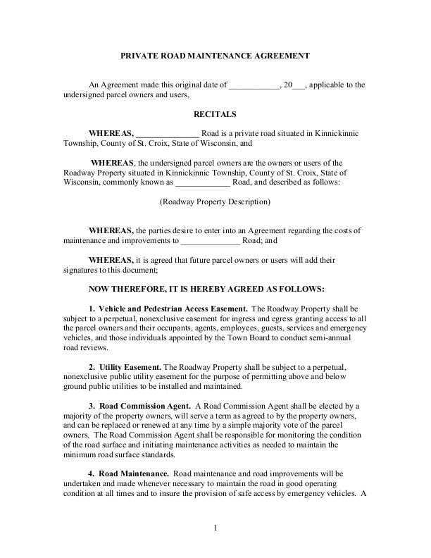Simple Private Road Maintenance Agreement Template