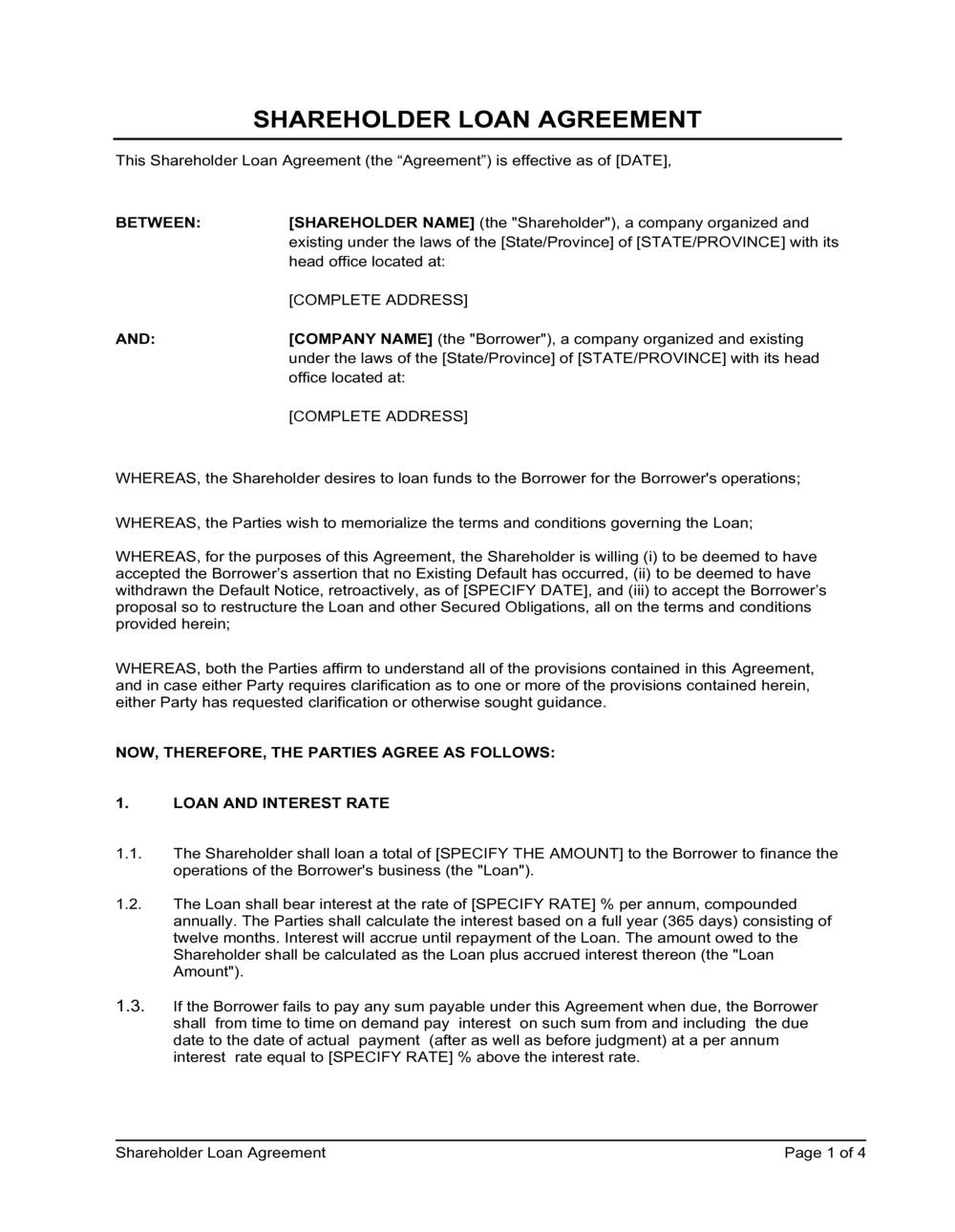 Simple Shareholder Loan Agreement Template