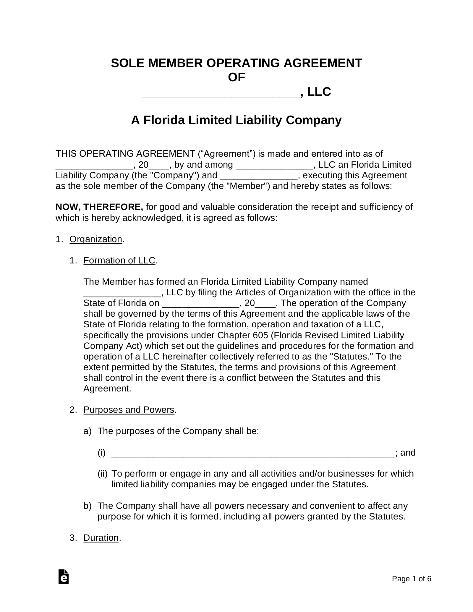 Single Member LLC Operating Agreement Template Florida