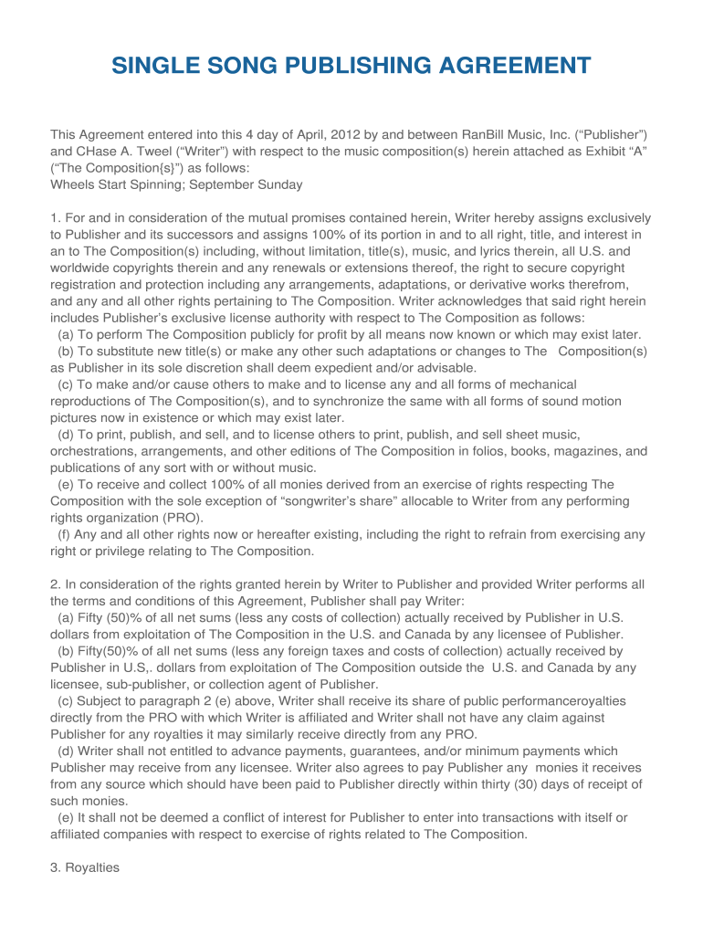 Single Song Publishing Agreement Template