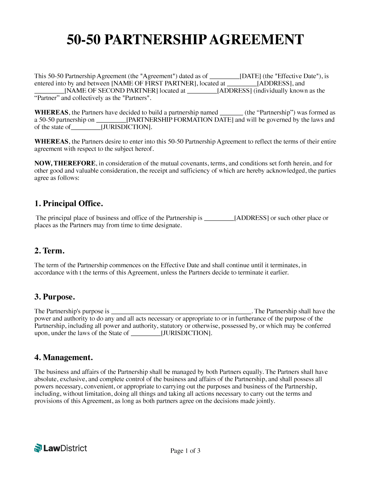 Small Business 50 50 Partnership Agreement Template