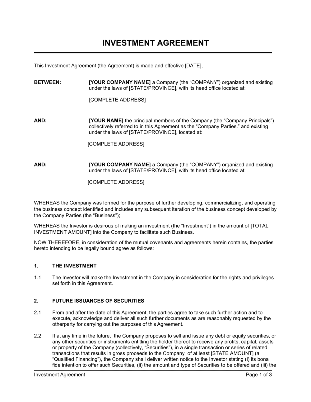 Small Business Investment Agreement Template