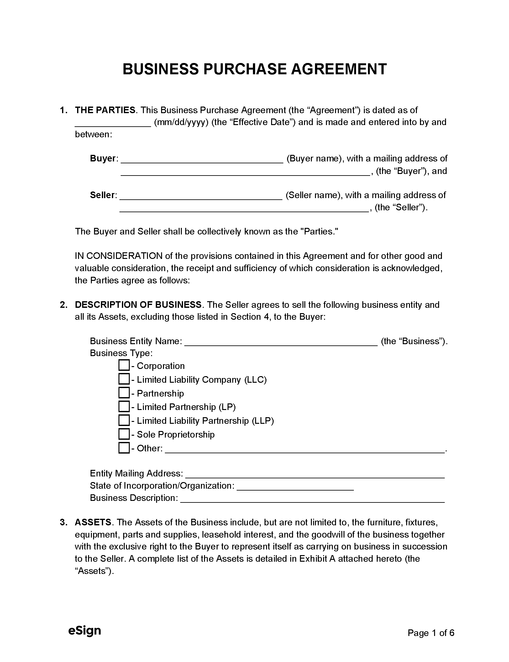 Small Business Sale Agreement Template