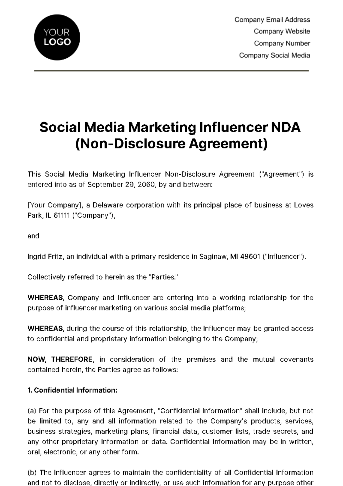 Social Media Non Disclosure Agreement Template