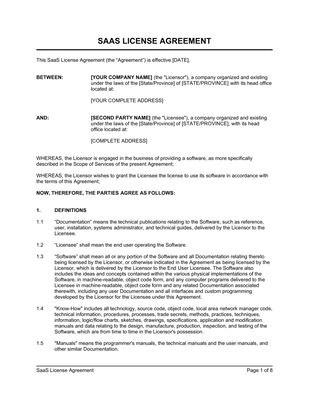 Software as a Service License Agreement Template
