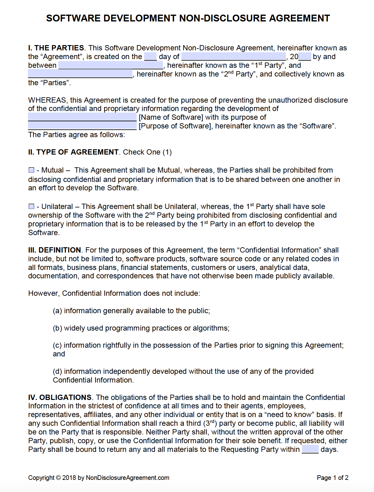 Software Development NDA Agreement Template