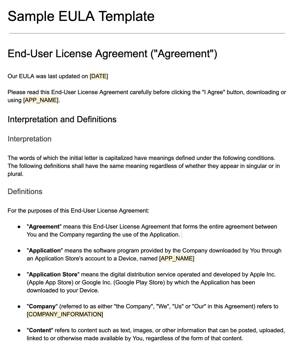 Software End User License Agreement Template