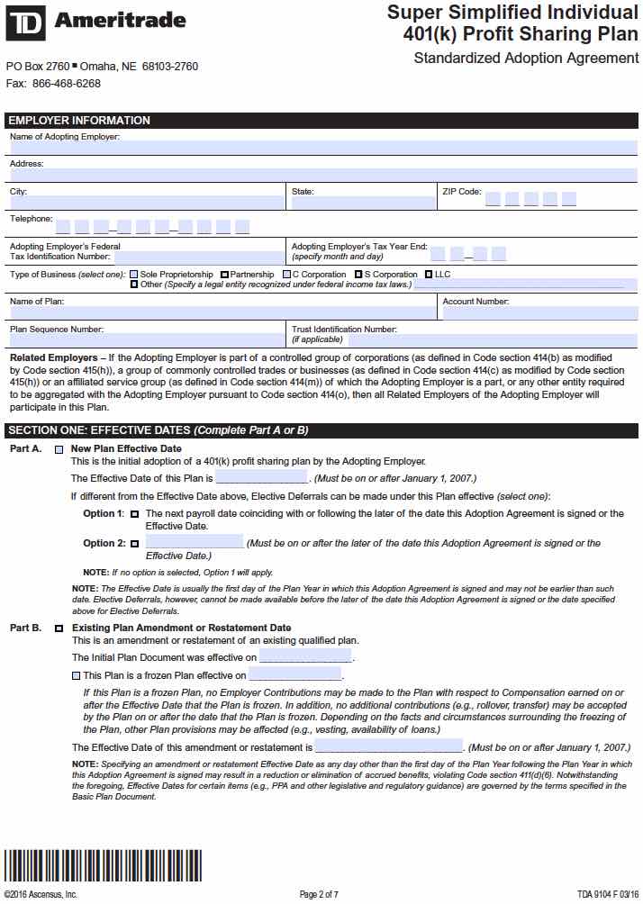 Solo 401k Adoption Agreement Template