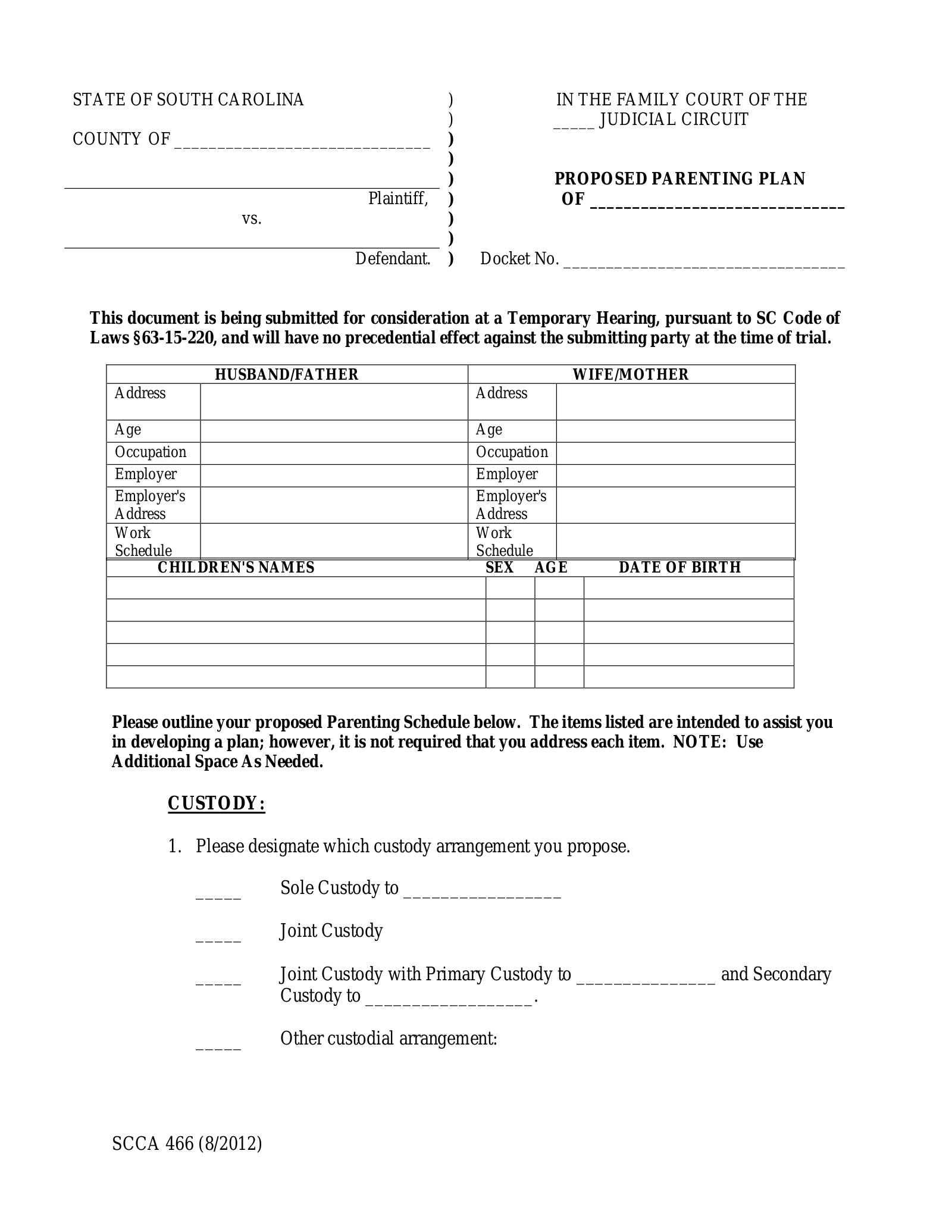 South Carolina Custody Agreement Template