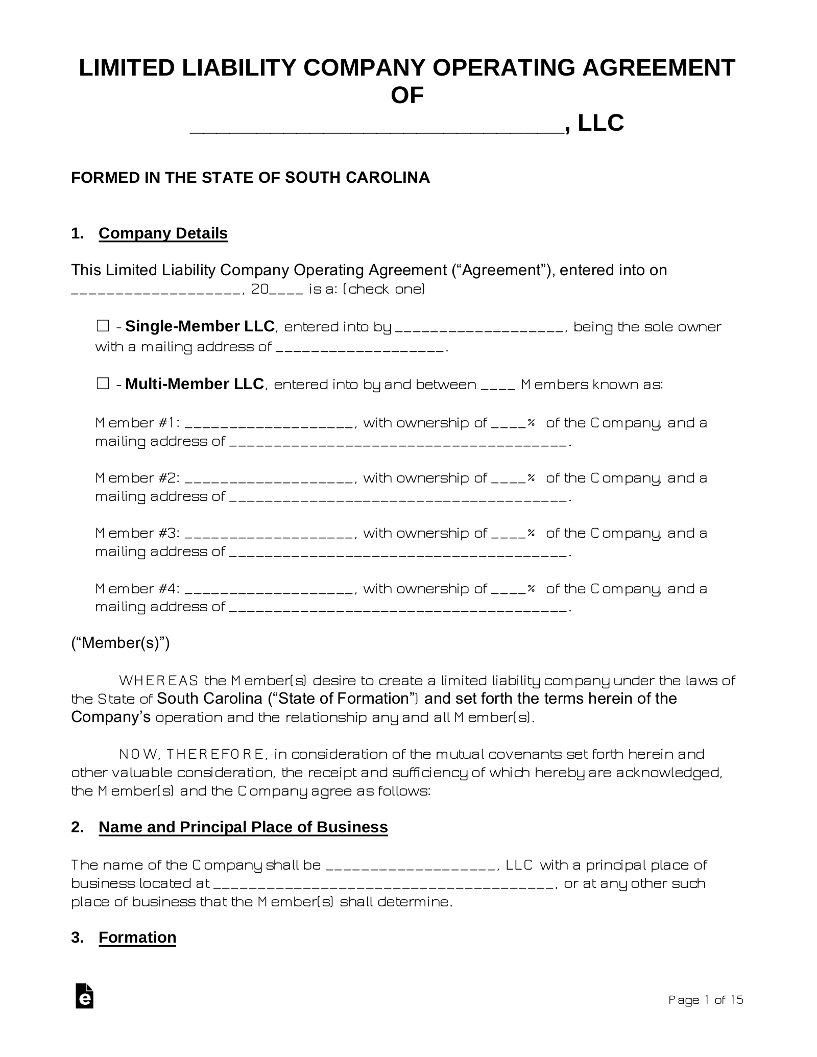 South Carolina Operating Agreement Template