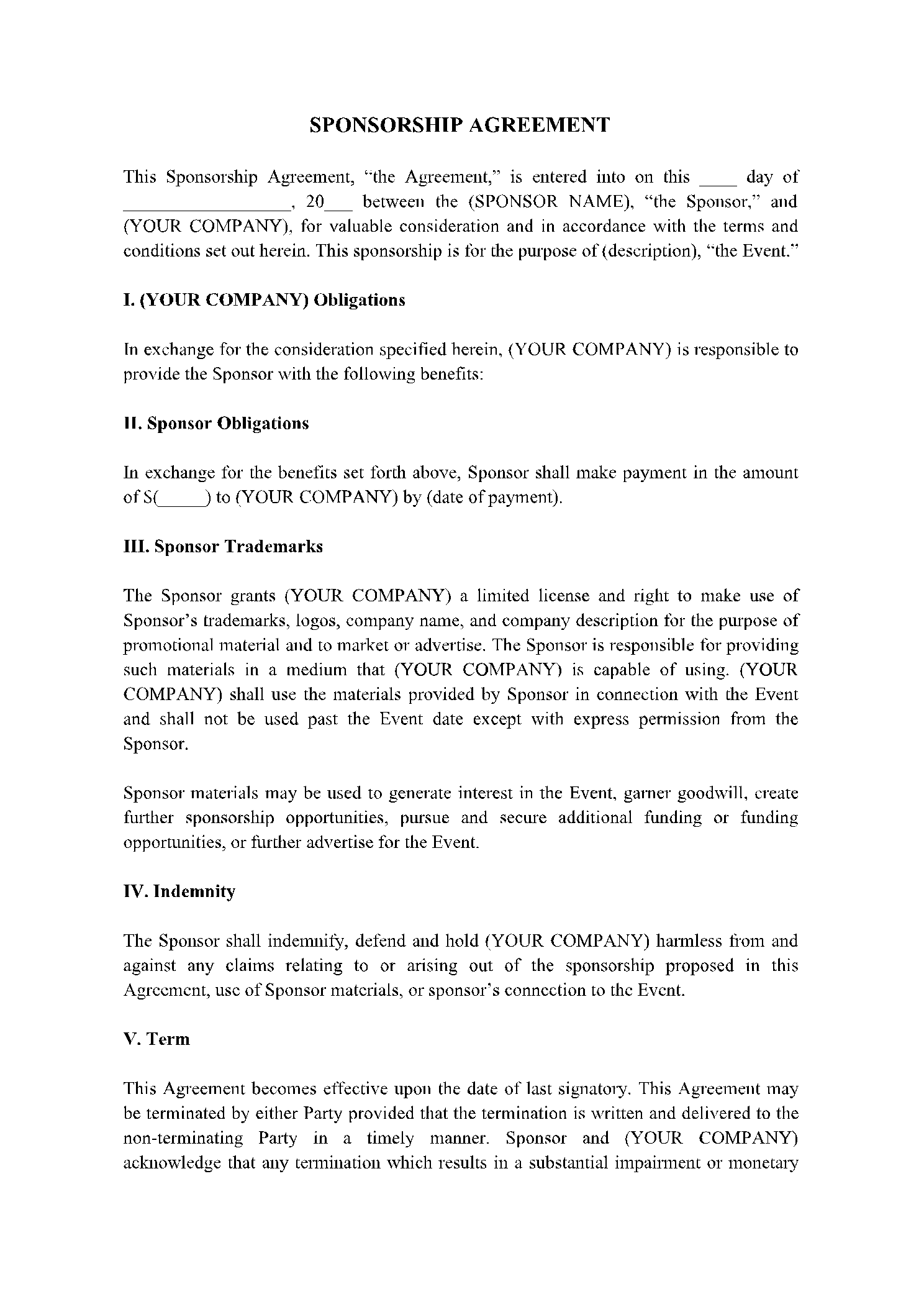 Sponsorship Agreement Template for Event Sponsorship