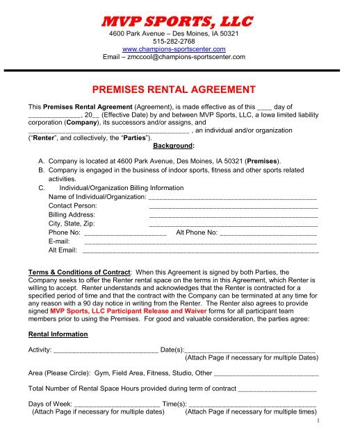 Sports Facility Rental Agreement Template