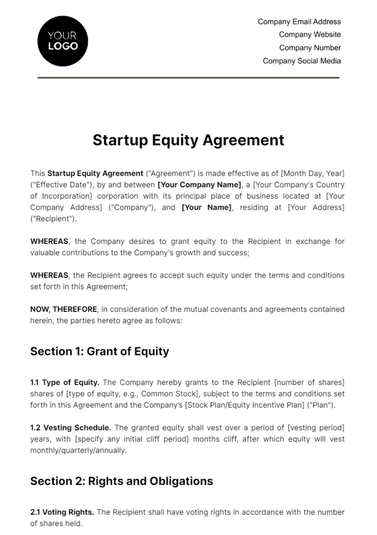 Startup Employee Equity Agreement Template