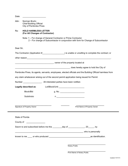 Subcontractor Hold Harmless Agreement Template