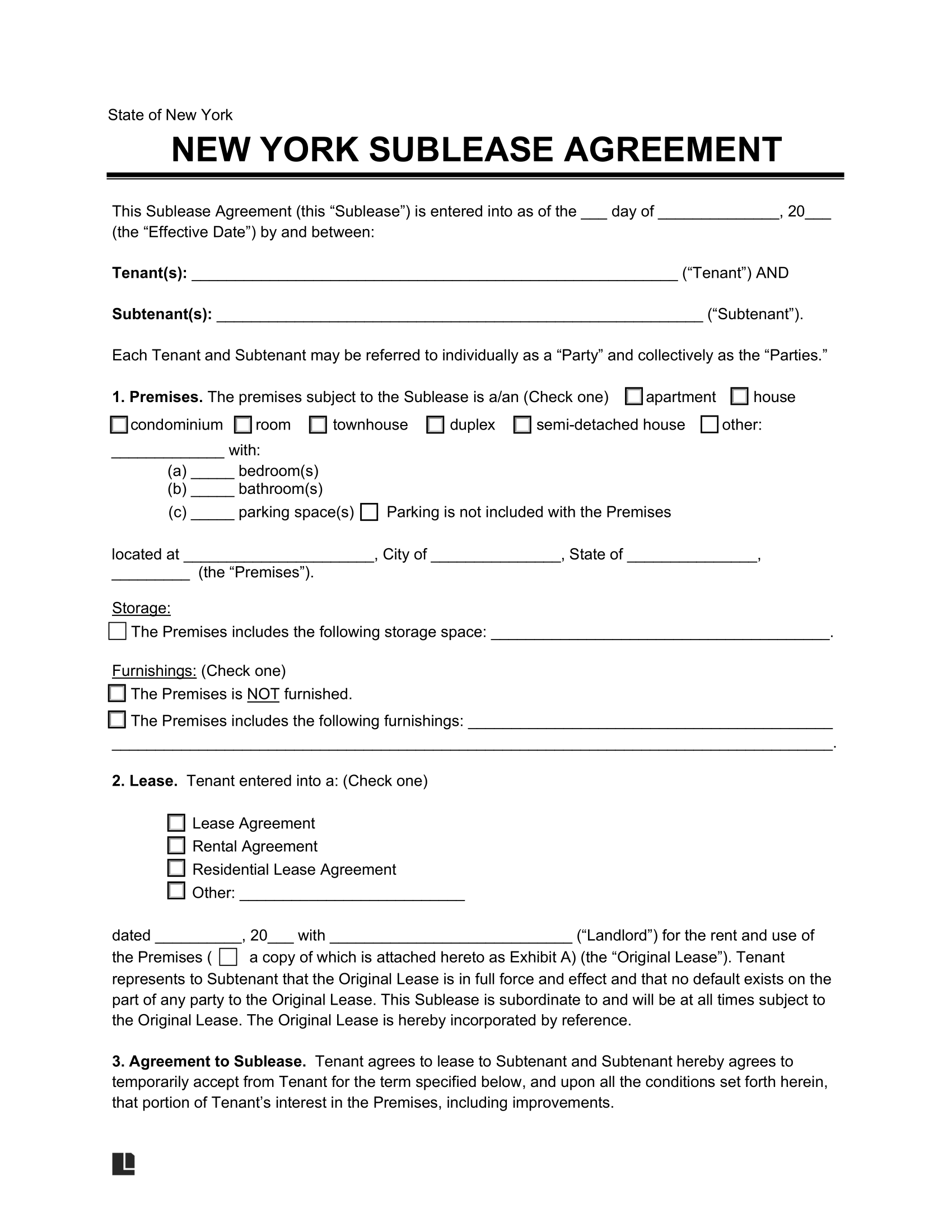 Sublet Lease Agreement Template New York