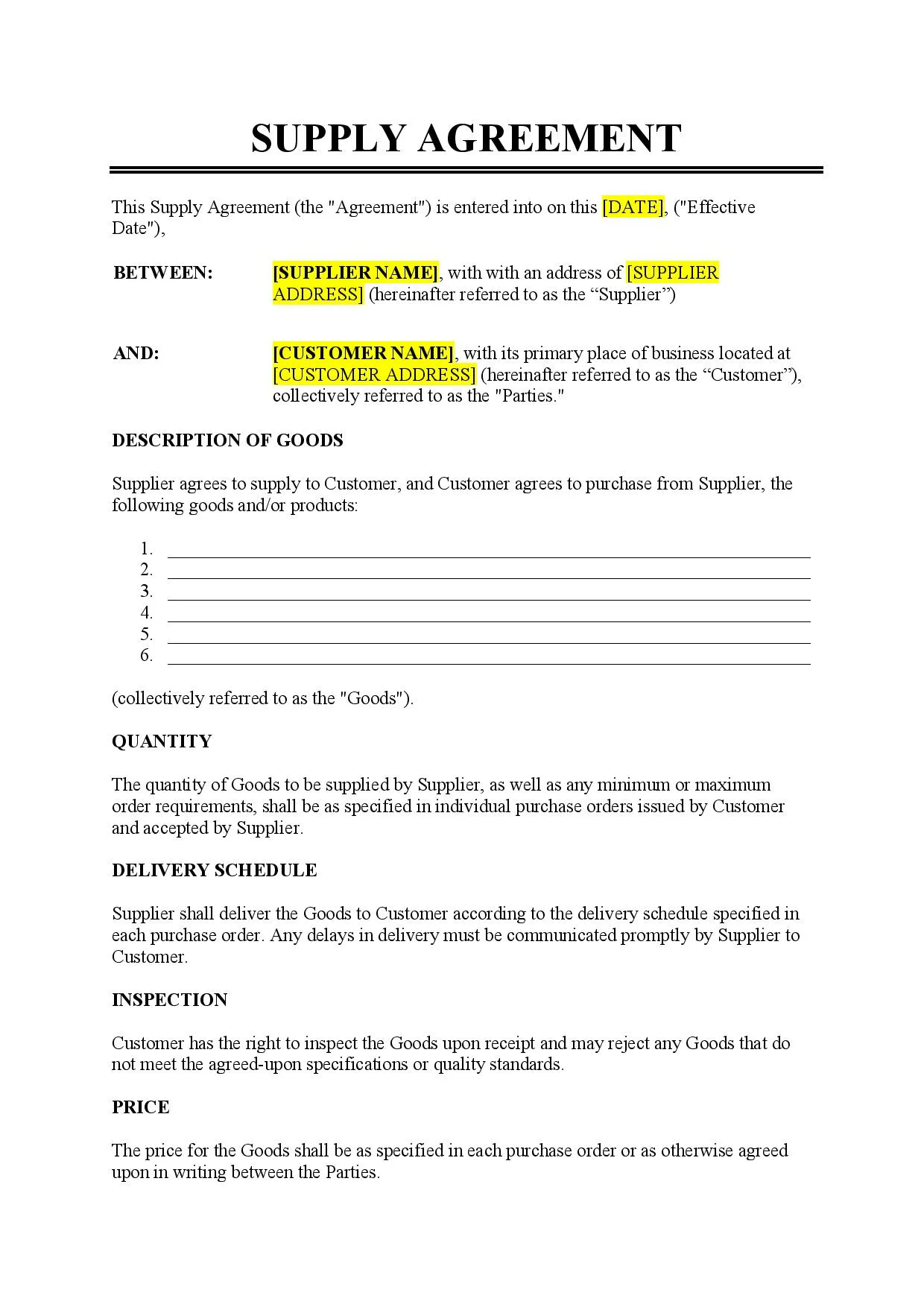 Supply of Goods Agreement Template
