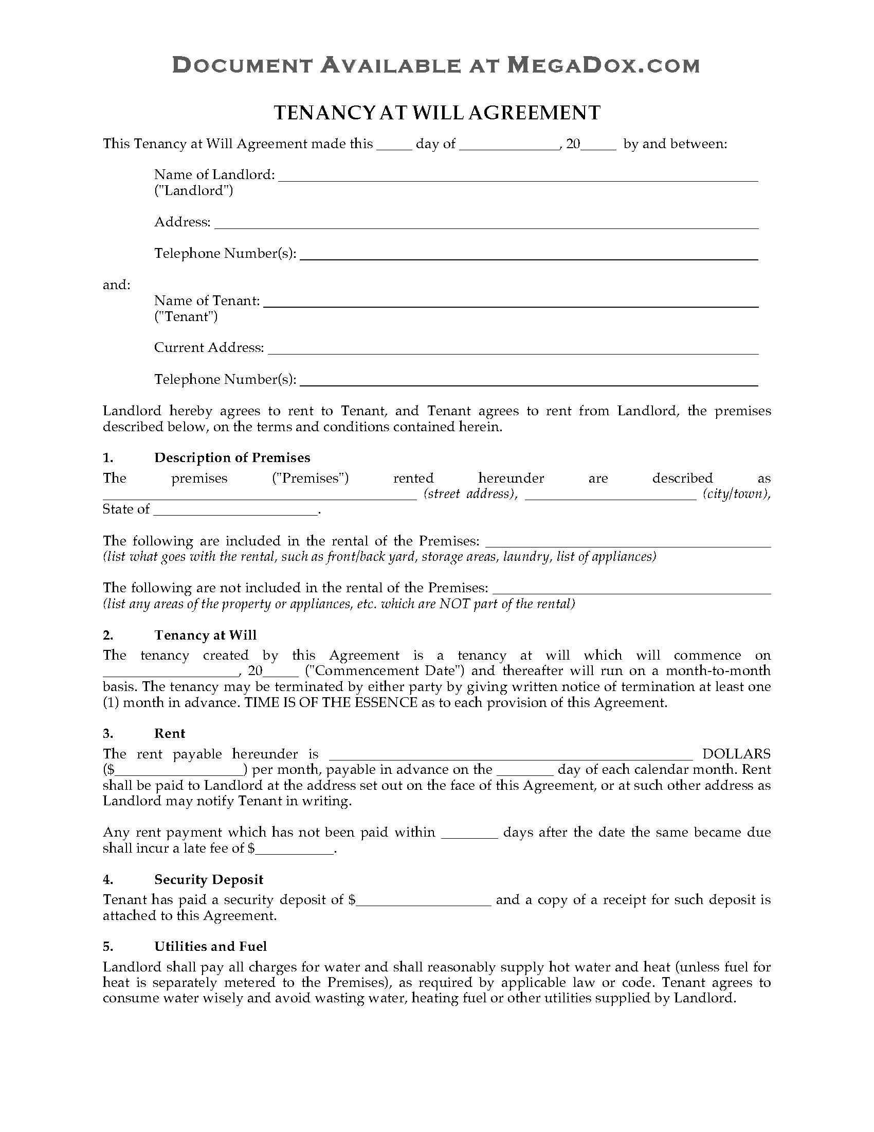 Tenant at Will Agreement Template