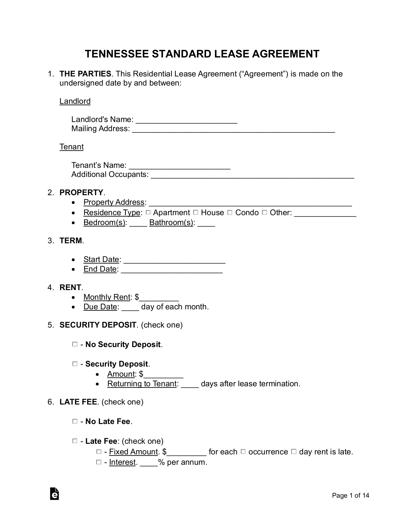 Tennessee Residential Lease Agreement Template