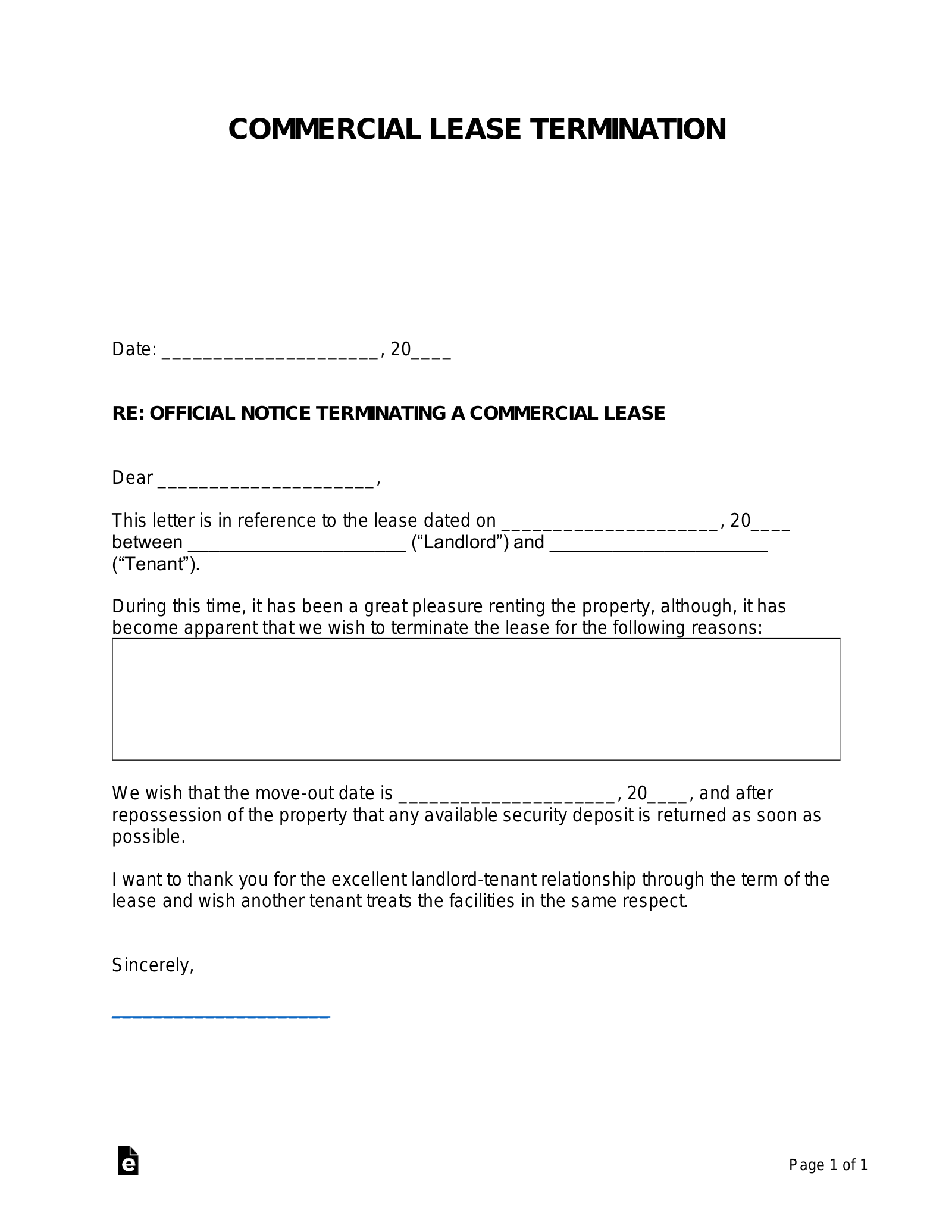 Termination of Commercial Lease Agreement Template