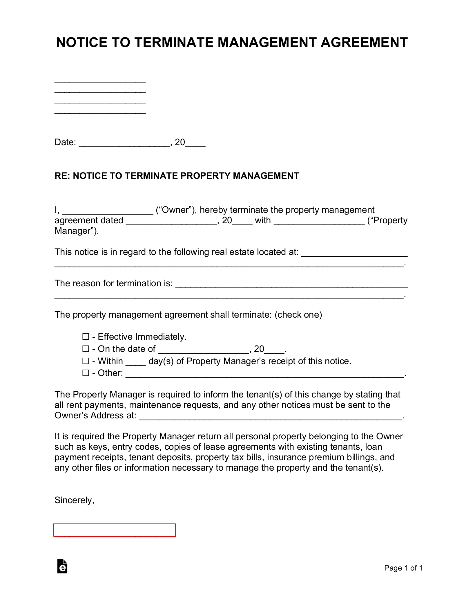 Termination Of Management Agreement Template