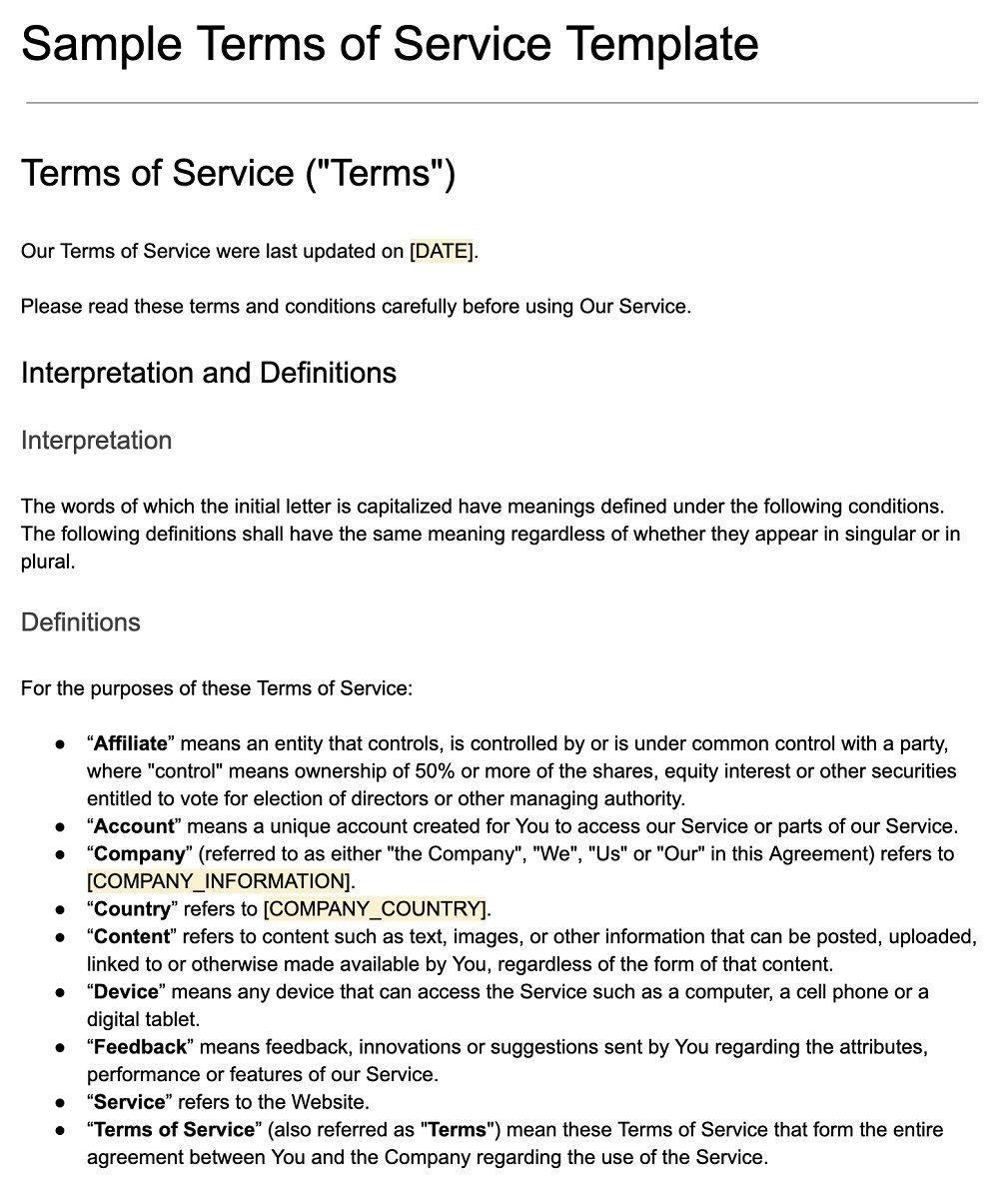 Terms Of Service Agreement Template