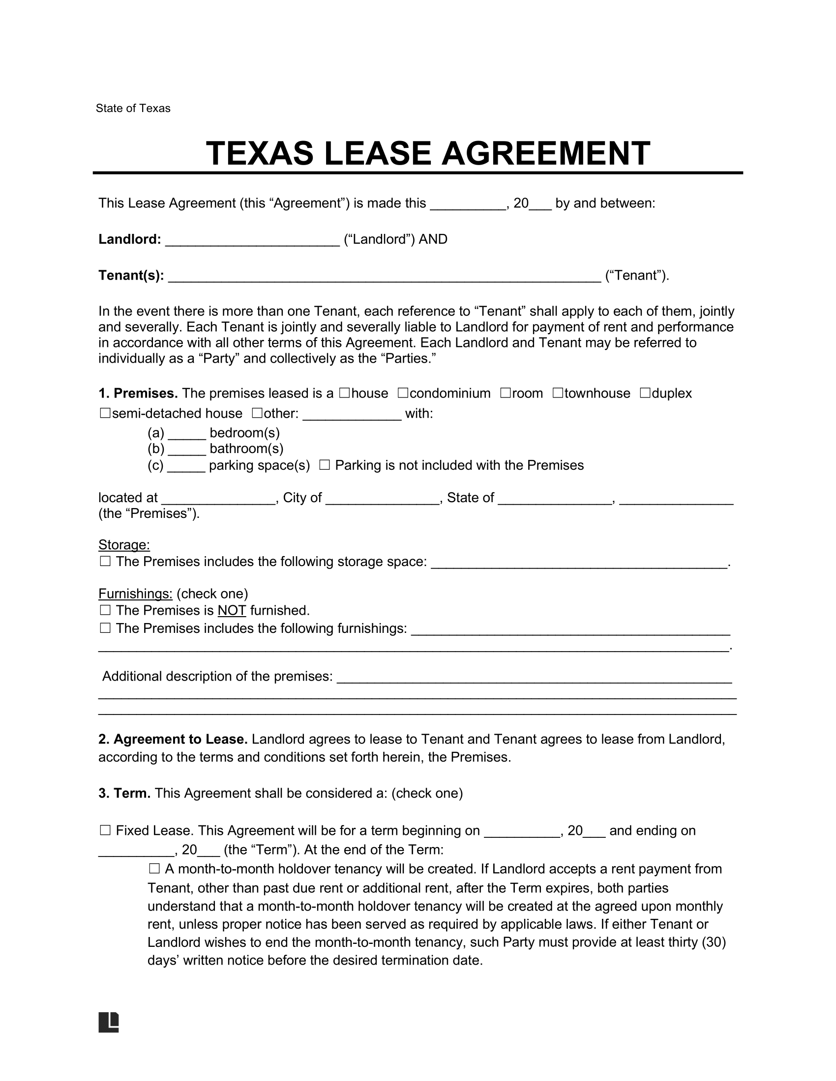 Texas Land Lease Agreement Template