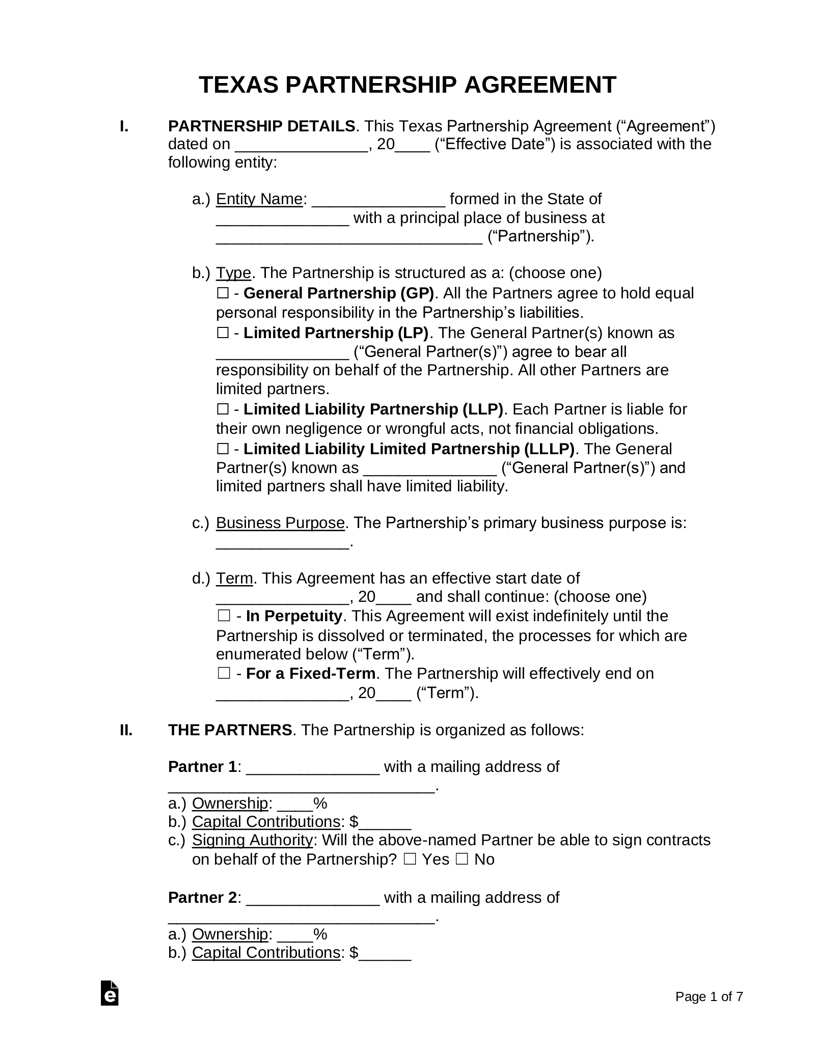 Texas Limited Partnership Agreement Template