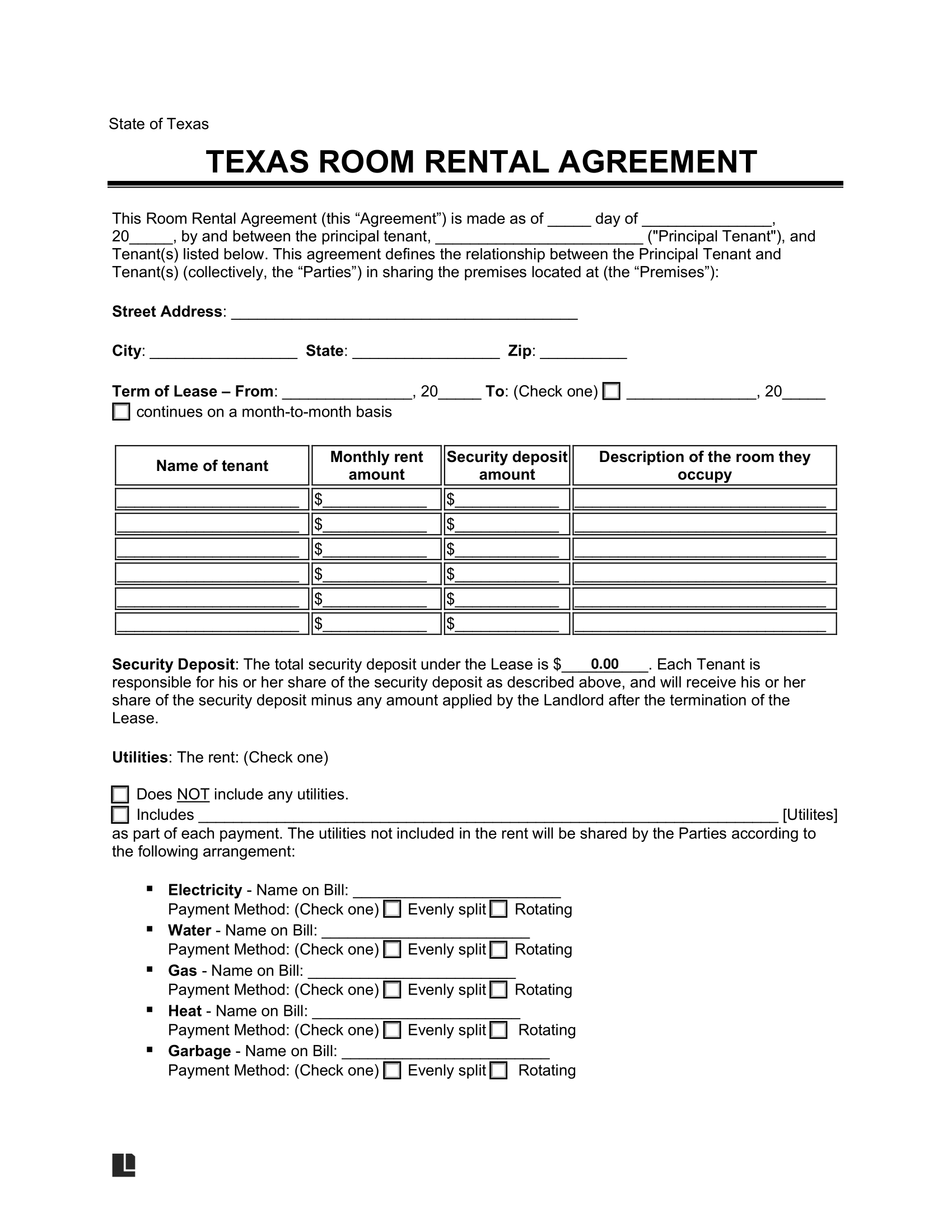 Texas Room Rental Agreement Template