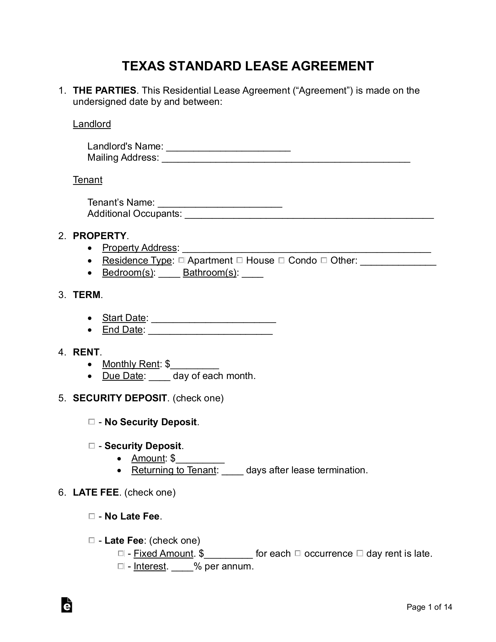 Texas Standard Residential Lease Agreement Template