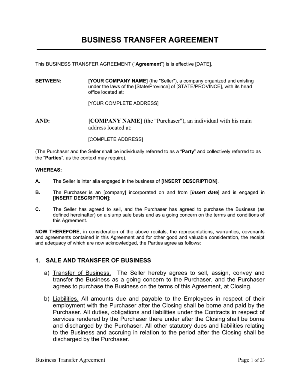 Transfer Of Business Agreement Template