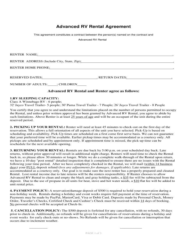 Travel Trailer Rental Agreement Template