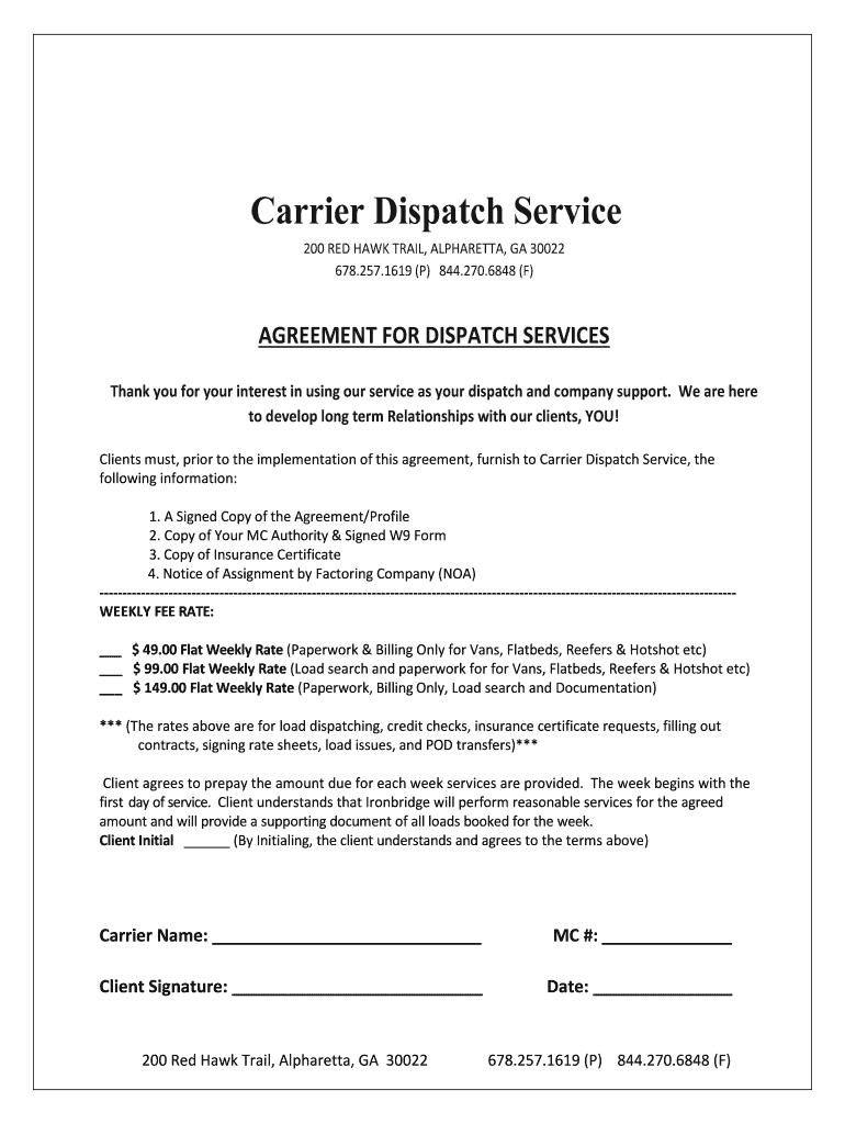 Truck Dispatch Service Agreement Template