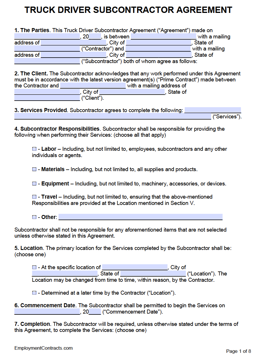 Truck Driver Subcontractor Agreement Template