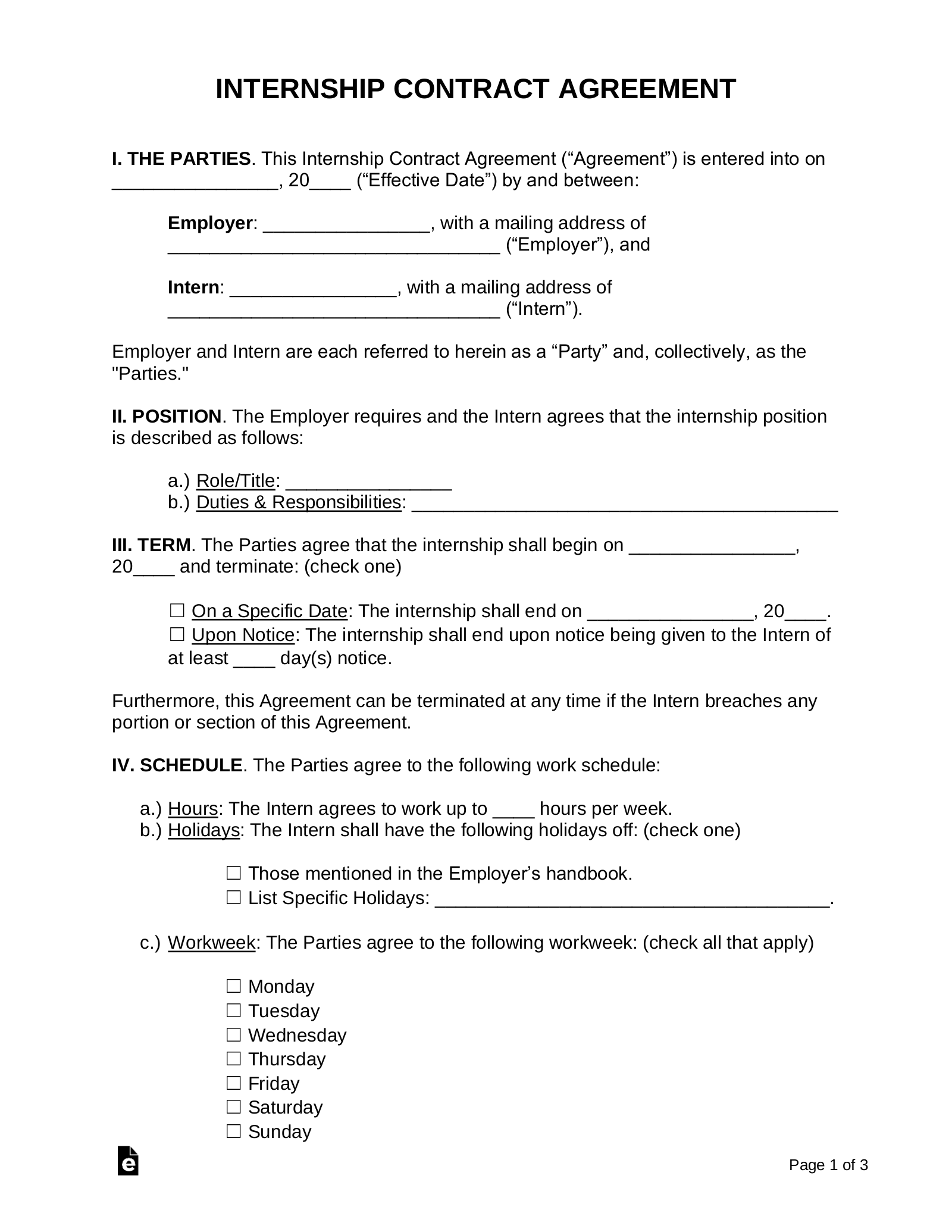 Unpaid Internship Agreement Template California