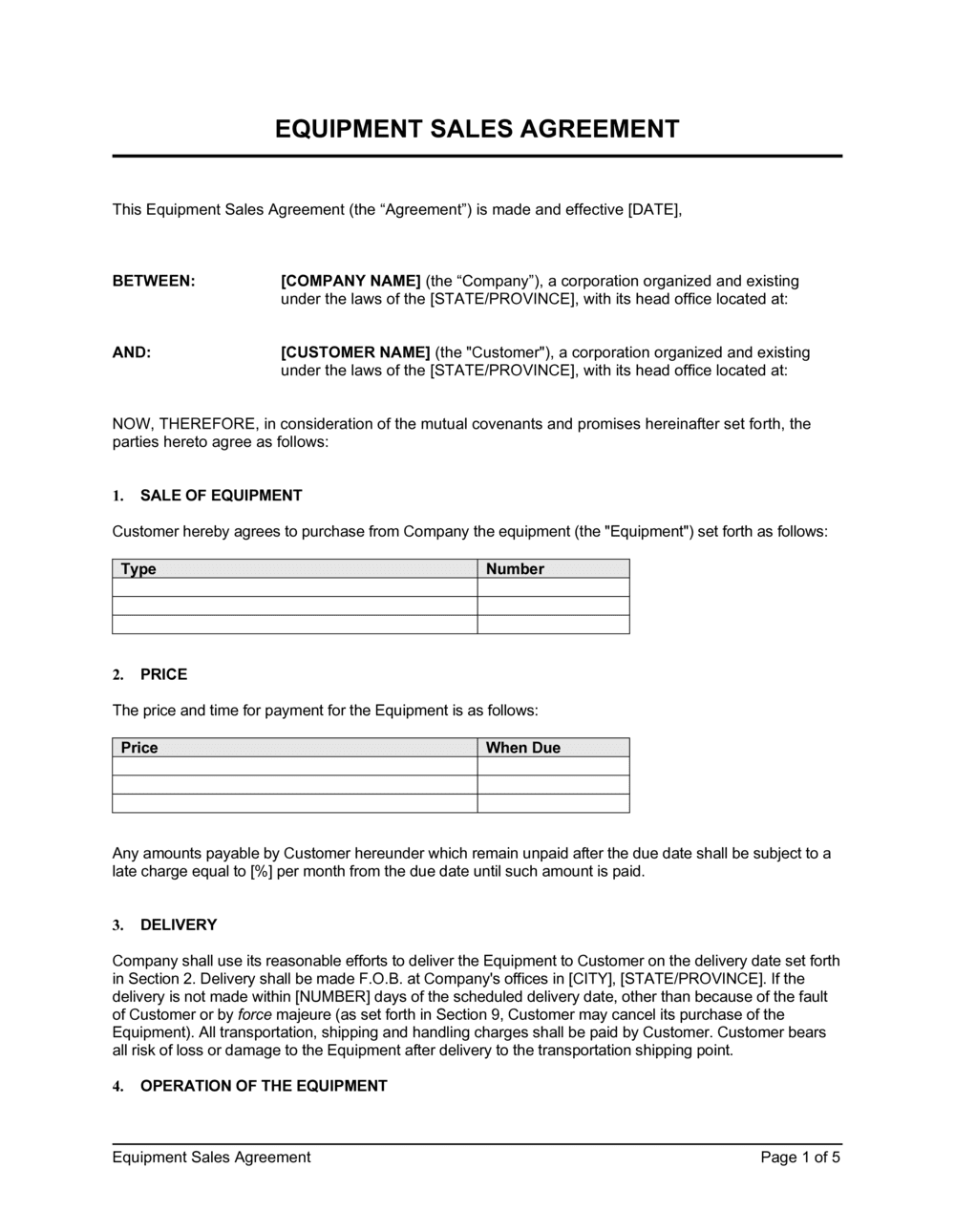 Used Equipment Sales Agreement Template