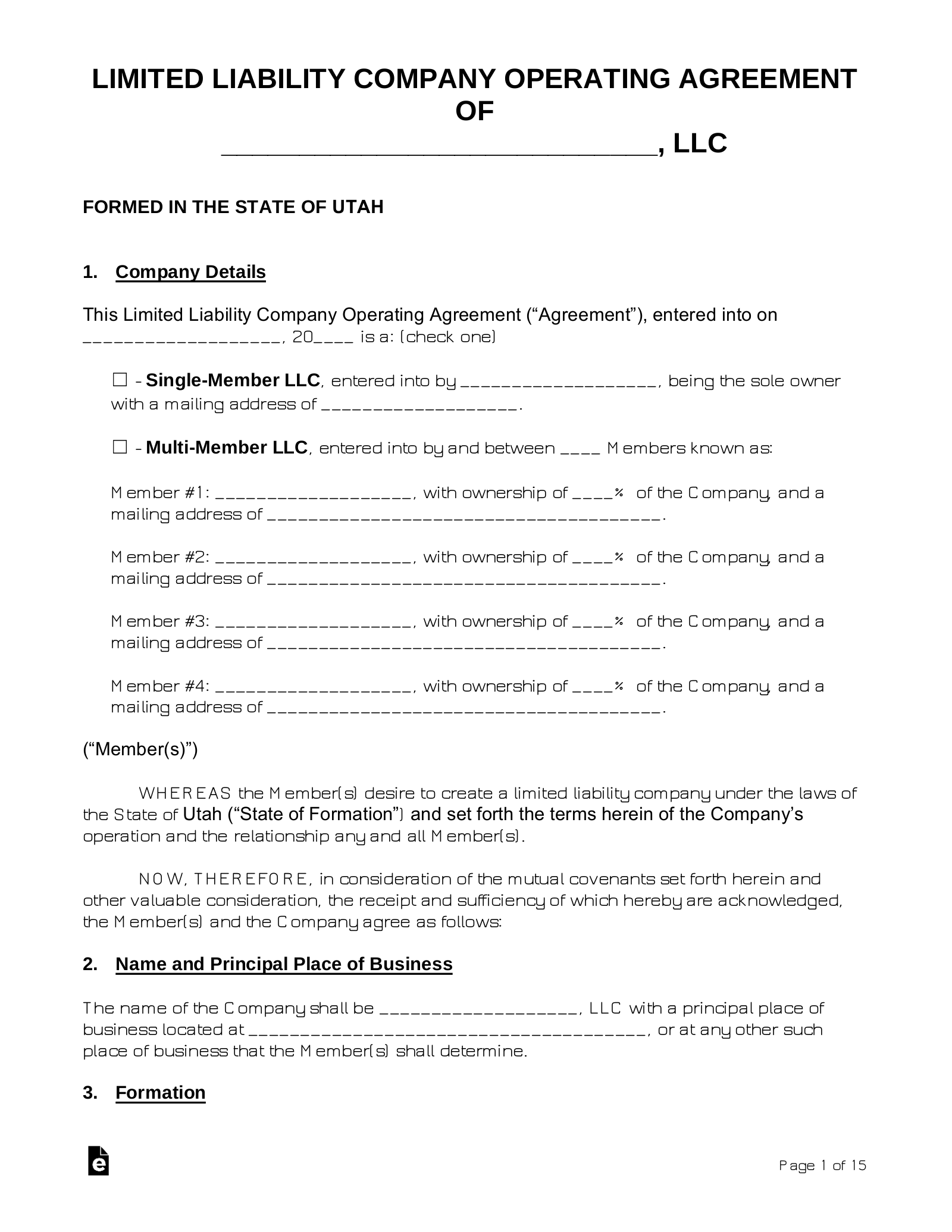 Utah LLC Operating Agreement Template