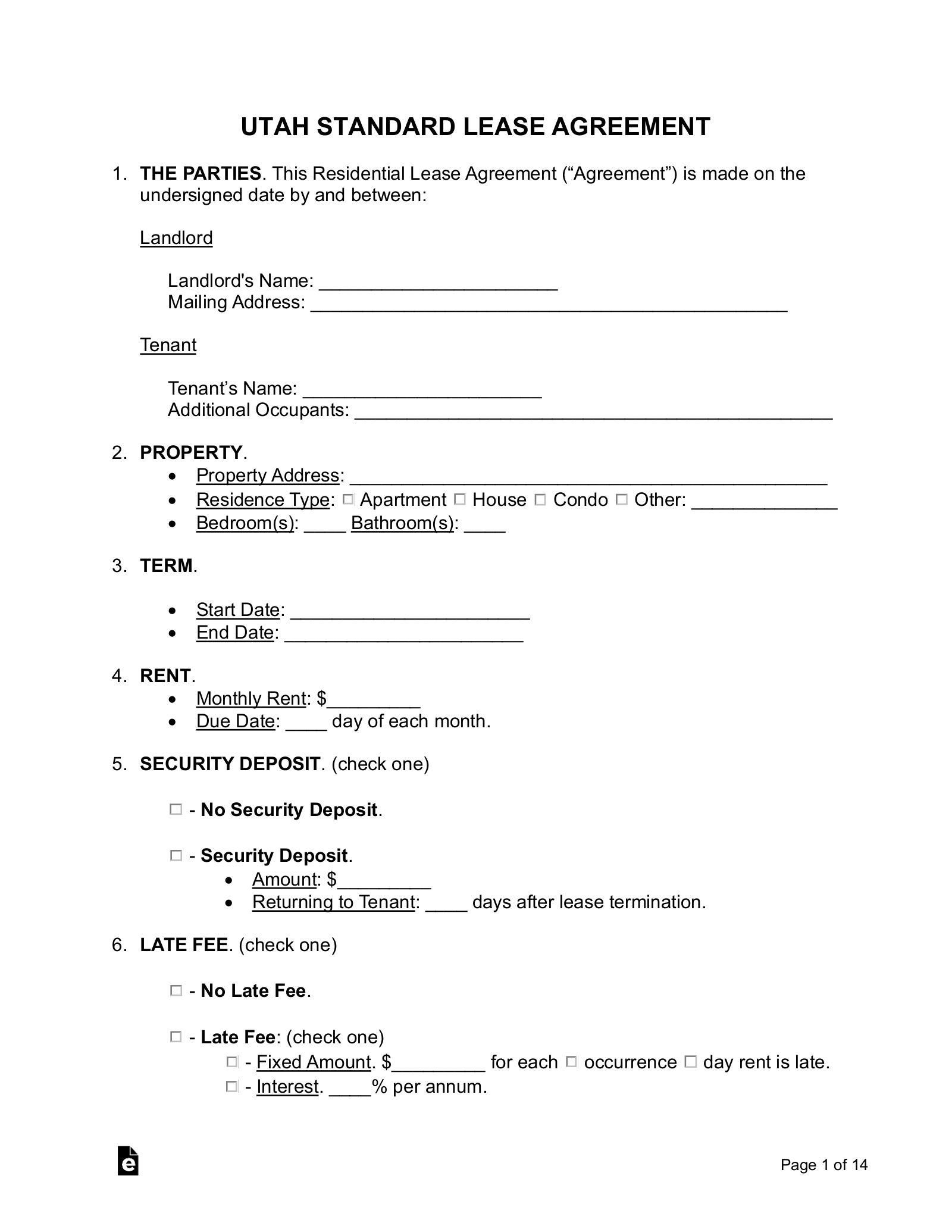 Utah Residential Lease Agreement Template