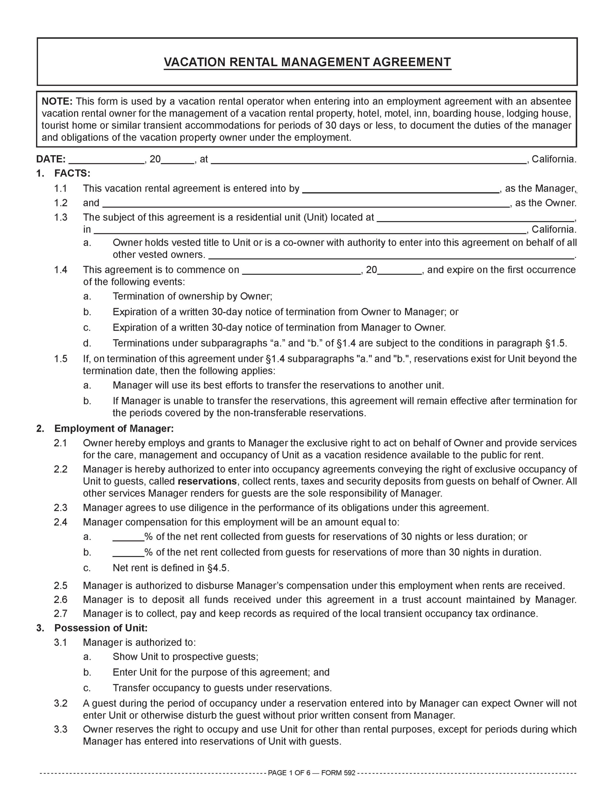 Vacation Rental Property Management Agreement Template