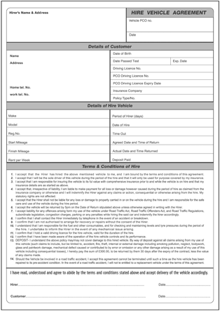 Van Hire Agreement Template Uk