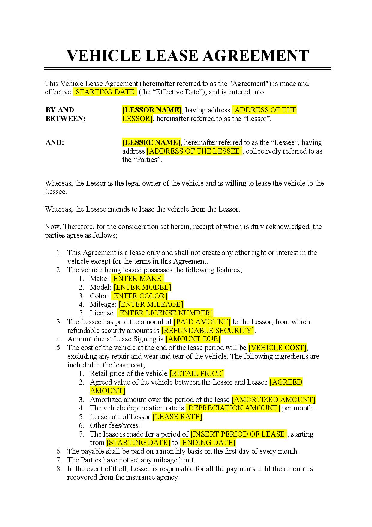 Vehicle Lease Agreement Template UK