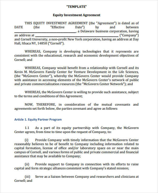 Venture Capital Investment Agreement Template