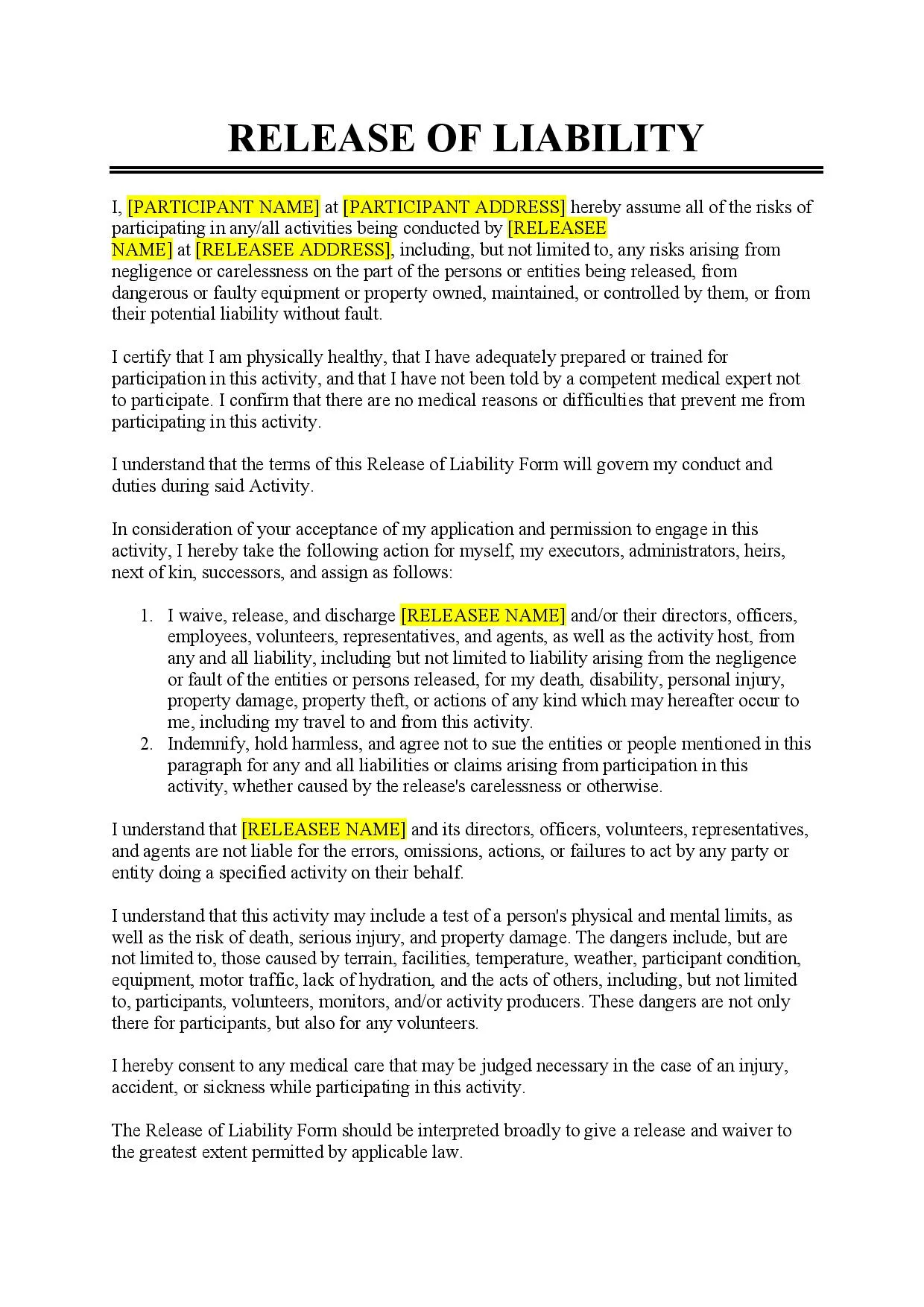 Waiver Of Liability Agreement Template