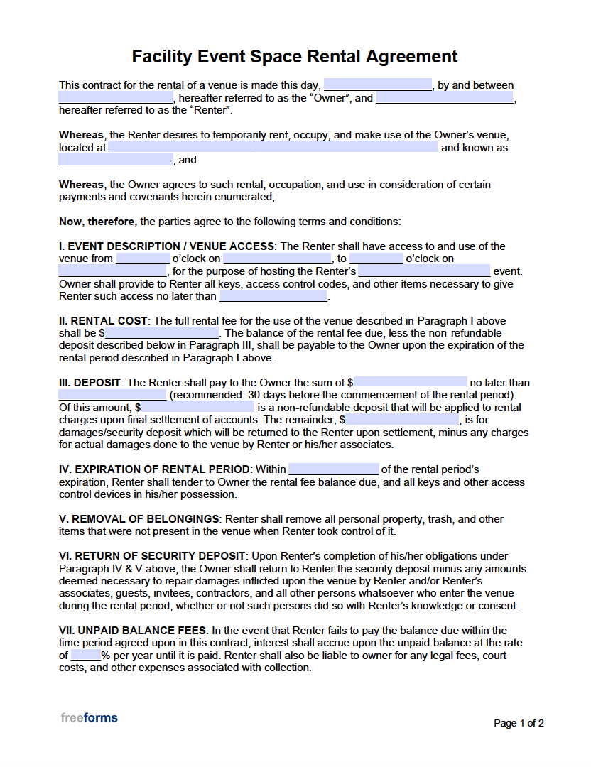 Wedding Venue Rental Agreement Template